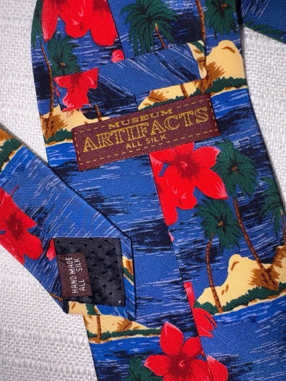 Museum Artifacts Necktie Blue Hawaiian Tropical Floral Palm Silk